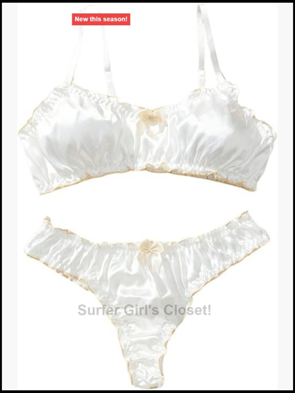 Satin Bow Lingerie Set with Adjustable Straps, Sexy Lettuce Trim